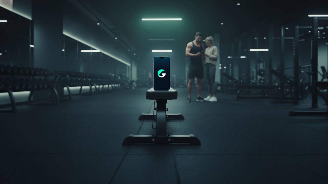 A phone standing on a bench in a dark gym, showing GYMZO, with two members training in the background